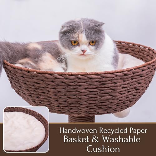 Handwoven Cat Tree with Basket Bed & Replaceable Scratching Posts (Cream and Brown)