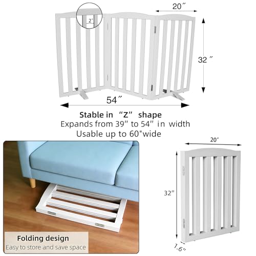 Foldable Freestanding Indoor Dog Gate for House Wood White Long Pet Gates Dog Fence for Stairs Puppy Gates for Hallways (White / 【3 Panels】60''w X 32''h)