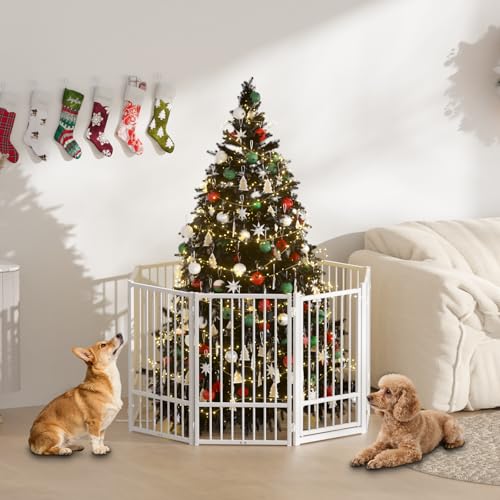 Full Metal Freestanding Dog Gate with Door (【8 Panels】160"W*32H" / White)