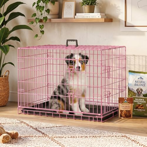 Dog Crate for Medium Dogs 36 Inch Folding Kennel Metal Pet Cage Pink (Pink / 36.0"L x 22.0"W x 24.0"H)
