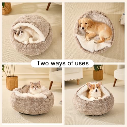 Calming Dog Beds & Cat Cave Bed with Hooded Cover (24.00" x 24.00" x 8.00" / Coffee)