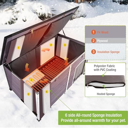 Heated Dog House Outdoor 59.1" Extra Large 100% Insulated Dog Kennel with Liner Keep Warm in Winter