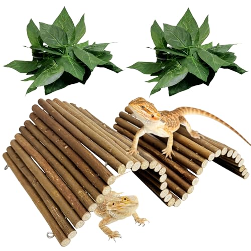 Bendable Wooden Reptile Hideout Ladder Bridge Hiding Hut Tunnel Toys Climbing Bridge Chew Toy Habitat Accessories for Bearded Dragons Ball Python Guinea Pigs Rabbits