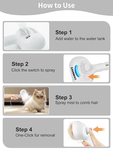 3 in 1 Dog Steam Brush with Storage Rope for Reducing Flying Fur & Static (White)