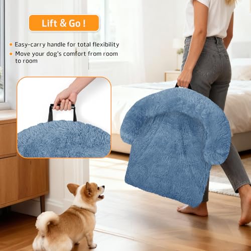 Calming Dog Bed Fluffy Plush Dog Mat for Furniture Protector with Removable Washable Cover for Large Medium Small Dogs and Cats (Navy / 53.0"L x 39.3"W x 6.0"Th)