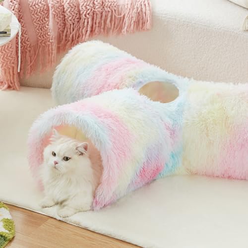Plush Pet Cat Tunnel Tube Cat Toys 3 Way Collapsible (Plush Rainbow / Small)