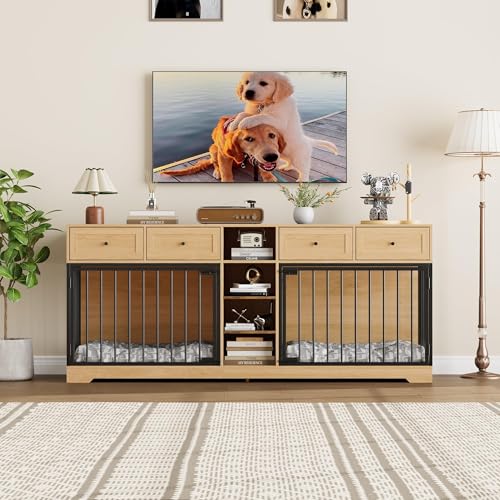 82" Double Dog Crate Furniture with Drawers and Shelves (Natural / 81.9"L x 23.6"W x 33.5"H)