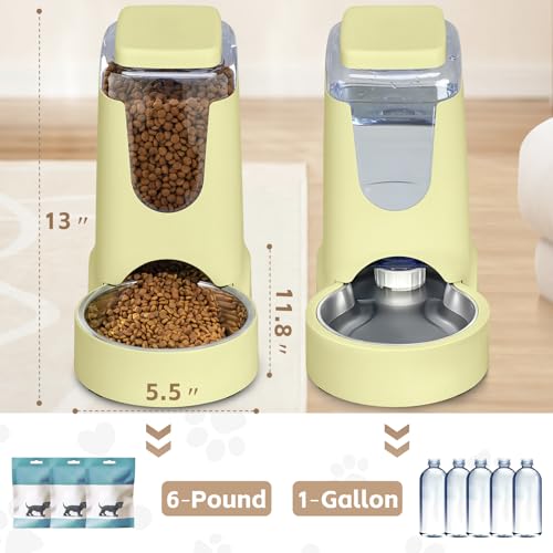 Portable Automatic Cat Feeder and Water Dispenser with Stainless Steel Bowl Dog Gravity Food Feeder and Waterer for Small Medium Pets Puppy Kitten 1 Gallon x 2 (Cream Yellow)