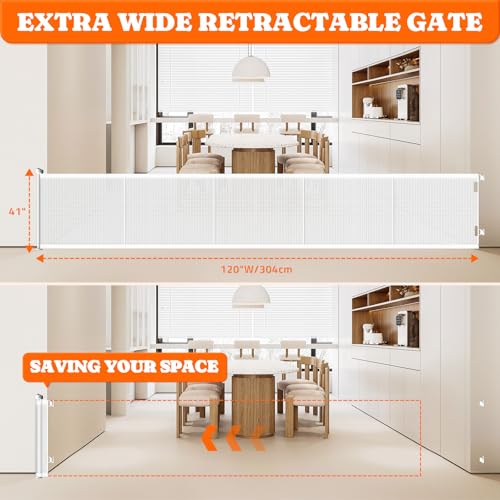 Retractable Baby Gates Extra Wide (White / 41" Tall x 120" Wide)