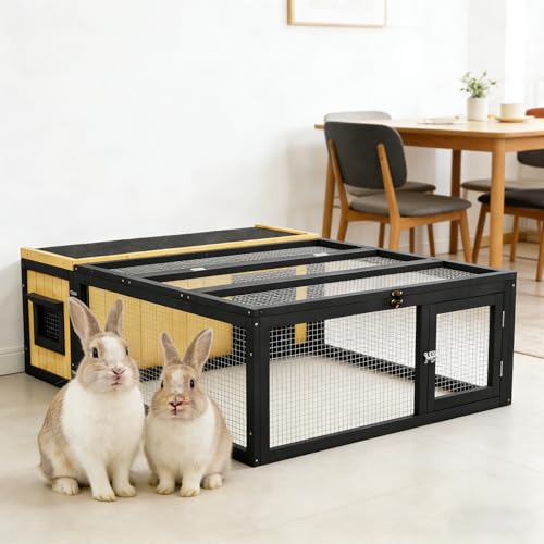Large Rabbit Cage Outdoor Bunny Hideout Indoor for Backyard Garden (Yellow+Black 2)