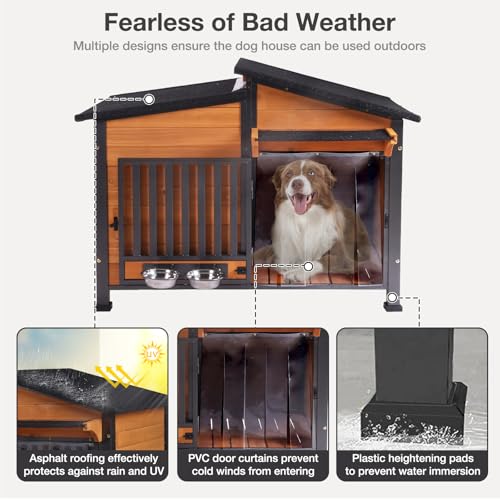 Heated Dog House Outdoor with Bowls Weatherproof Dog Kennel with Heating Pad Anti