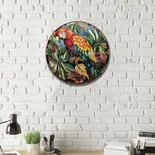 Metal Sign Tin Sign Circular Stained Glass Parrot Funny Outdoor Decor for Restaurant 12×12 Inches (12×12 Inches / Parrot)
