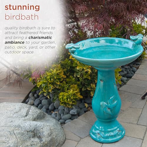 25" Tall Outdoor Ceramic Antique Pedestal Birdbath with 2 Bird Figurines (Turquoise)