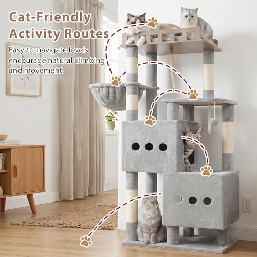 Cat Tree Sturdy Cat Tower with 2 Spacious Cat Condos GCT029W (60 inches / Light Gray)