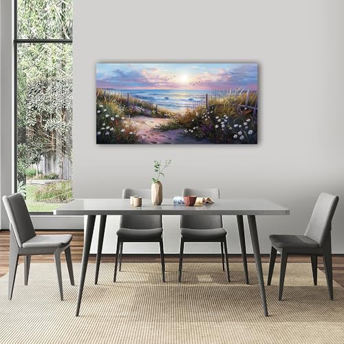 Canvas Wall Art For Living Room Wall DecorFor Bedroom Flower Beach Scenery Wall Painting Blue Ocean Pictures Artwork Office Decor Modern Framed Posters Home Decorations 20"X40" (40"L x 20"W / Flower Beach Ocean Scenery)