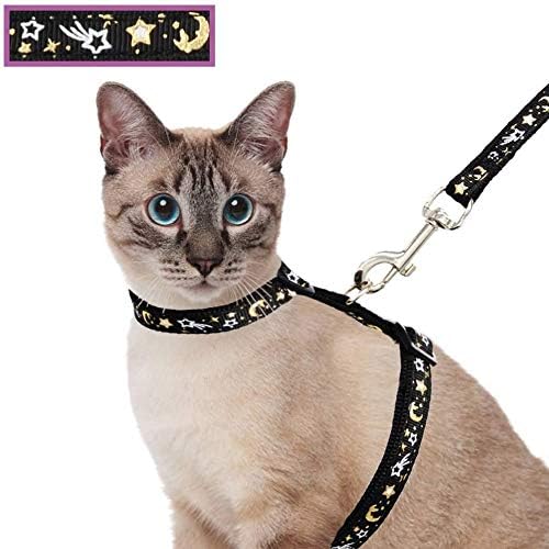 Cat Harness and Leash Set for Outdoor Walking Escape Proof Adjustable Soft Safety Strap with Golden Star and Moon Design Glow in The Dark Black (Black / S)