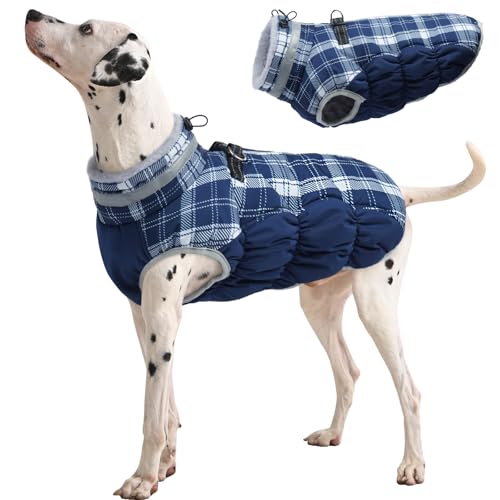Dog Cold Weather Coats Reflective Dog Warm Jacket with Harness (Blue Plaid / XL(chest:30in）)