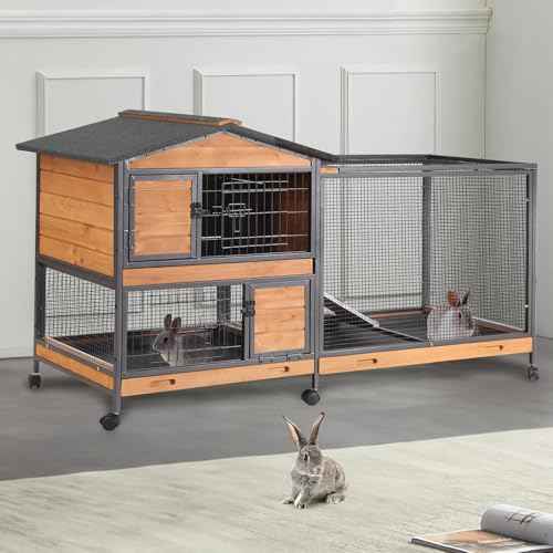 Rabbit Cage Indoor Rabbit Hutch with Matel Frame and Pull Out Tray (Wood)