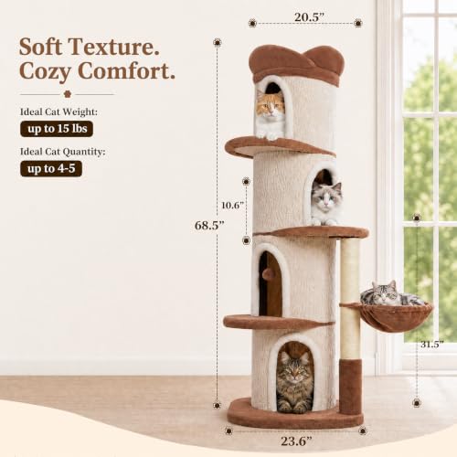 68.5" Modern Cat Tree Tower with 4 Condos & Soft Top Bed (Beige / 69" Forest Cat Tree)