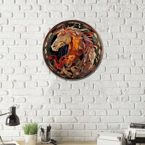 Metal Sign Tin Sign Circular Stained Glass Horse Metal Signs Vintage for Restaurant 12×12 Inches (12×12 Inches / Horse-1)