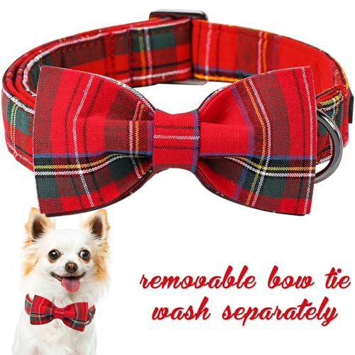 Christmas Dog and Cat Collar with Bow Pet Gift Adjustable Soft and Comfy Bowtie Collars for Small Medium Large Dogs (X-Small / red plaid)