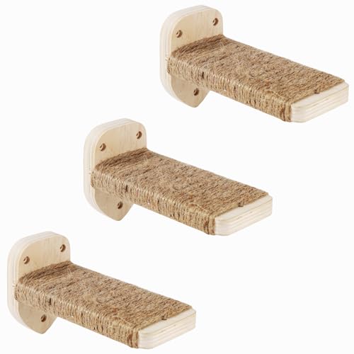 3-in-1 Cat Climbing Wall Steps with Hemp Rope, Shelves and Perches, Scratching Pads for Cats Playing and Climbing (Wood) (Wood)