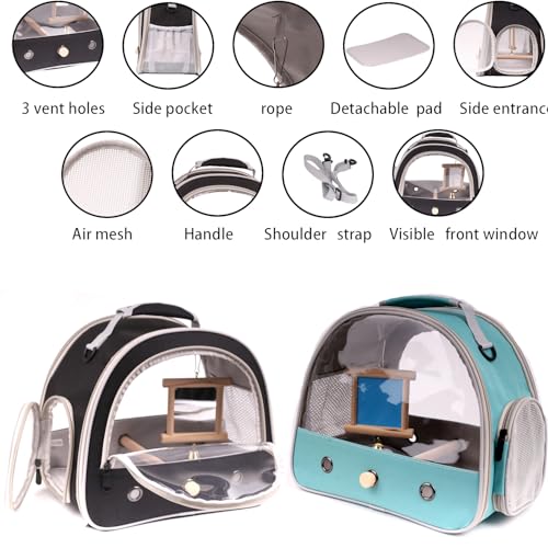 Parrot Travel Cage Carrier with Bird Cage Bells Mirror Set (Black / 12.0"L x 8.0"W x 12.0"H)