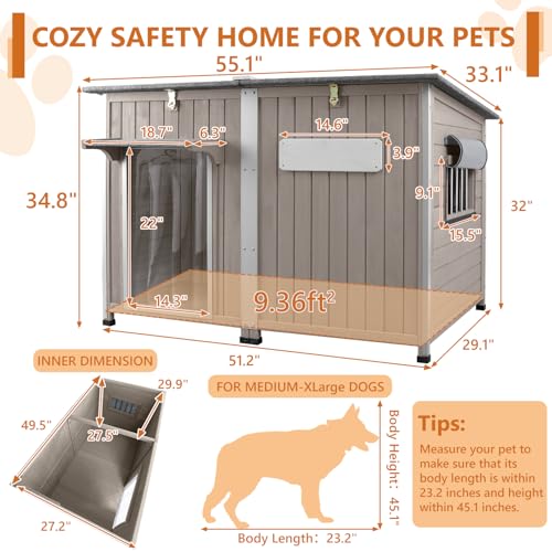 55" Extra XL Wooden Outdoor Dog House with Iron Frame for Large Dogs