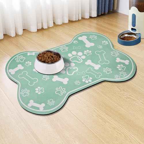 Dog Cat Mat for Food and Water (18"L x 12"W / Bone Shaped Green)