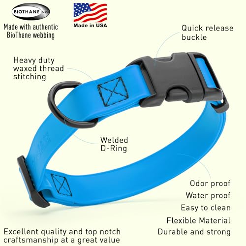 Biothane Waterproof Dog Collar with Quick Release Buckle Strong Coated Nylon Webbing with Odor (3/4"W by 12-19"L / Cerulean Blue)