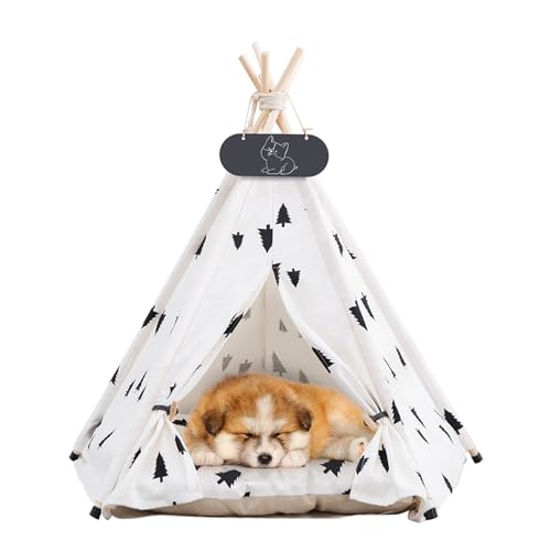 Pet Teepee Tent for Dogs & Cats Dog Bed with Thick Cushion Puppies Play House Removable and Washable (L:24x24x28inch)