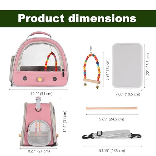 Portable Parrot Travel Cage Carrier with Small Swing Toy&Cage Colorful Toys Set Small Bird Parakeet Bag with Standing Perch Bird Carry Transport Bag (Pink / 12.0"L x 7.0"W x 12.0"H)