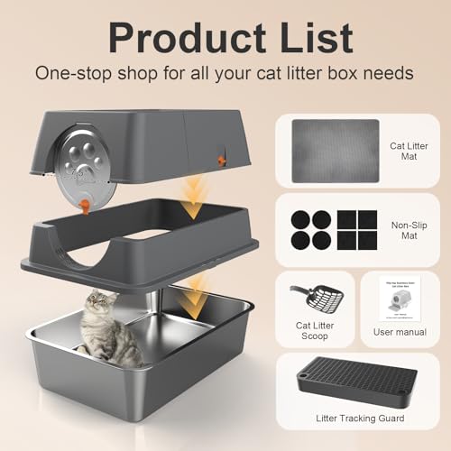 Stainless Steel Litter Box with Lid XL Extra Large Litter Box Enclosed Top Entry Metal Litterbox for Big Cats Easy Cleaning Anti (Dark Grey)