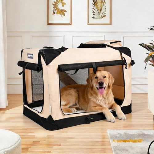 3 Door Portable Collapsible Soft Dog Crate Carrier with Bed (Camel)