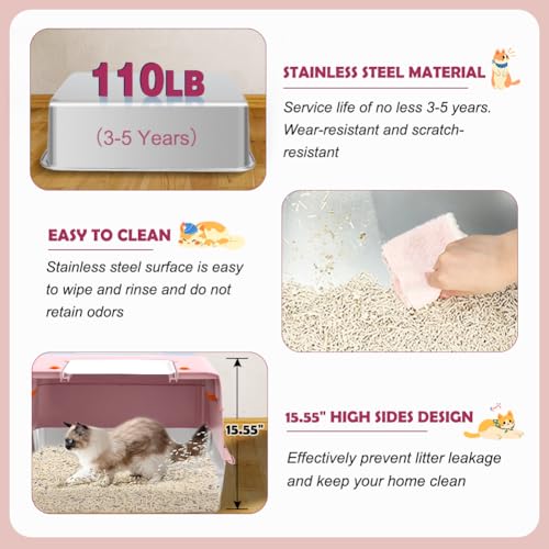 Pink Stainless Steel Covered Cat Litter Box (Pink((With Mat&Step))
