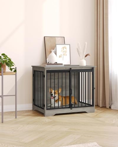31.9" M Dog Crate Furniture Indoor Dog Kennel with Barn Door (Greige / 31.9"L x 21.7"W x 26.6"H)