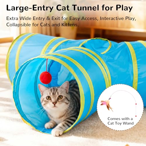 Cat Tunnel, 3-Way Collapsible Toy for Indoor Cats, Blue & Yellow (Blue & Yellow / Small)
