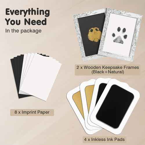 Inkless Paw Print Kit for Dogs (Black/Gold Pad,Vintage White Wood Frame / 4-Pack,Large)