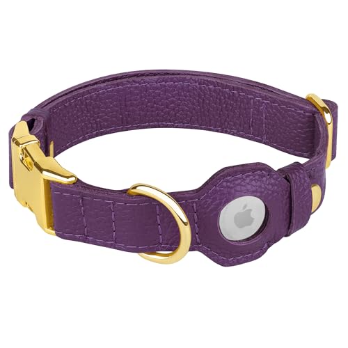 Leather Airtag Dog Collar (Purple / L, 17"-21" Neck Fit)
