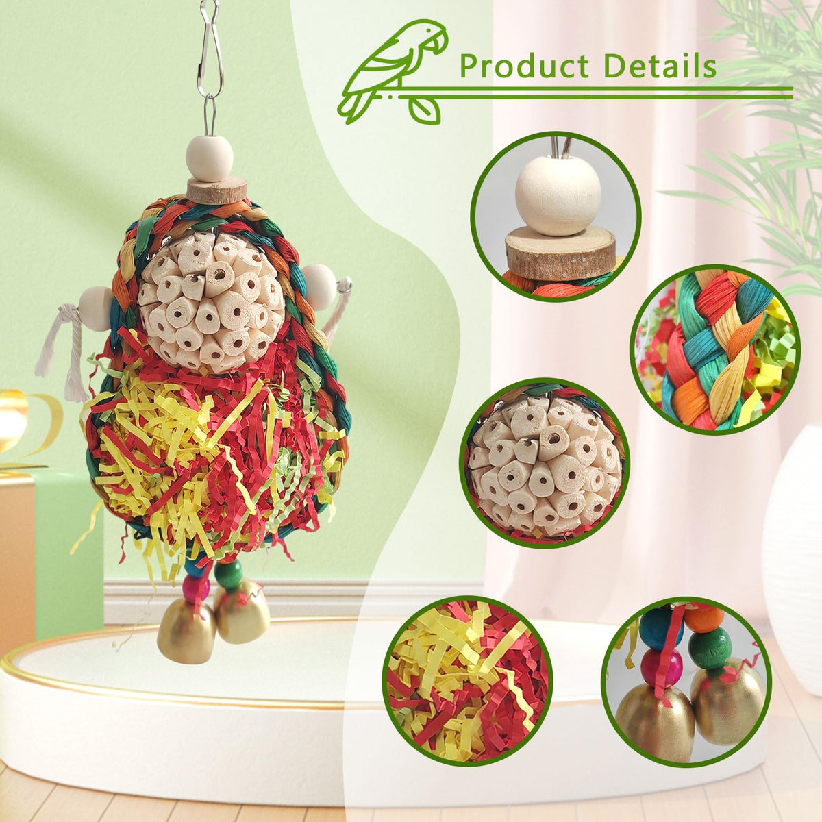 Wooden Bird Swing Toy with Rope Perch (colorful)
