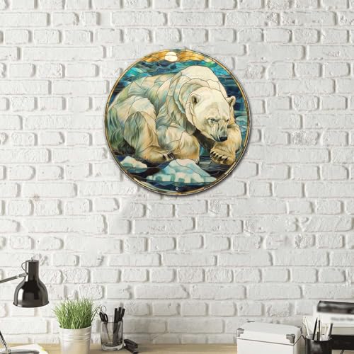 Metal Sign Tin Sign Circular Stained Glass Polar Bear Bar Signs for Home Decor for Pet 12×12 Inches (12×12 Inches / Polar Bear-2)