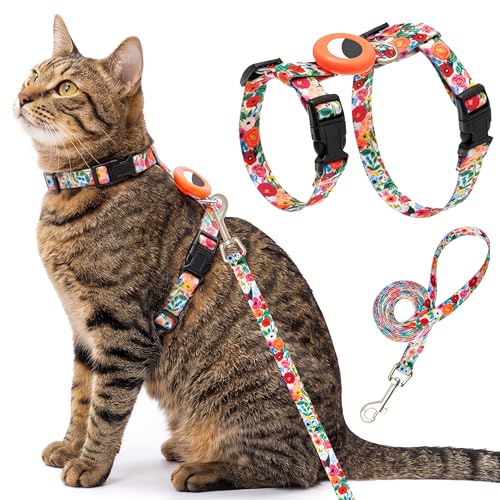 Cat Harness and Leash Escape Proof for Walking Travel Outdoor (Floral / Neck:7.6"-12" chest:10.6"-18")