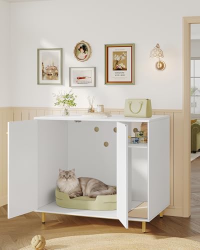 Large Cat Litter Box Enclosure (White and Gold / 41.3"L x 27.5"W x 36.6"H)