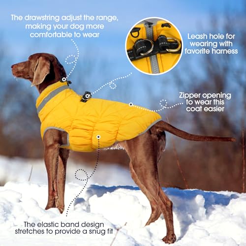 Dog Winter Coat Fleece Warm Large Dog Coat with Harness Built in (Yellow / L(chest:24in))