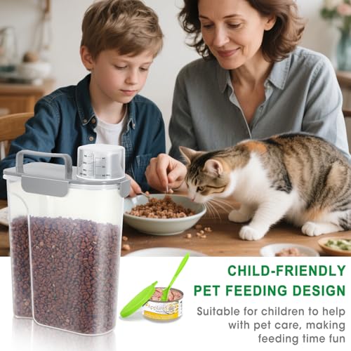 Cat Dog Food Storage Container 5 to 7 lbs with Pet Can Cover and Mixing Spoon (Light Grey 6Qt)
