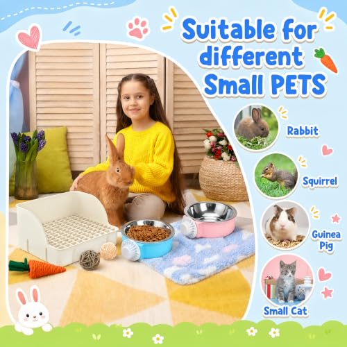 15 Pcs Rabbit Starter Kit Small Rabbit Litter Box Girls Gift Animal Grooming Kit Bunny Toys Bowl Blankets with Cleaning Set for Guinea Pig Accessories (Cream White)