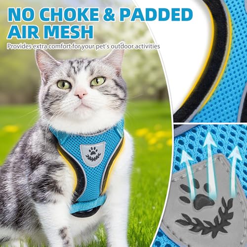 Cat Harness and Leash Set Escape Proof Reflective Cat Walking Harness Adjustable Soft Breathable Mesh Vest for Small Pets (M (NECK 11"-13.7", CHEST 16"-20") / Blue)