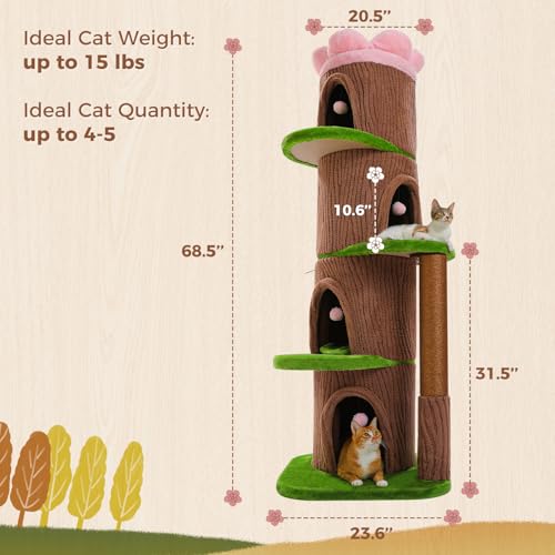 68.5" Forest Cat Tree Tower with 4 Condos & Flower Top Bed (Brown / 69" Forest Cat Tree)