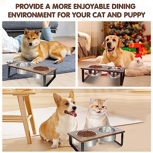 Elevated Dog Bowls for Small Medium Wood Dogs Raised Bowl Stand with 2 Stainless Steel Deep Dog Food and Water Bowls (Walnut-Small&Medium)