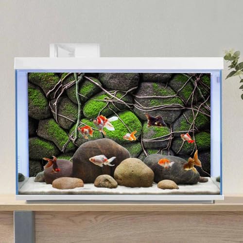 72x18 in Mossy Stone Wall Aquarium Backdrop Rock Fish Tank Background Vinyl (72x18in/180x45cm)